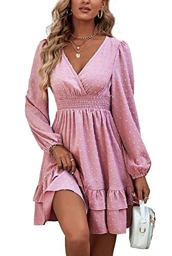 Rooscier Women's Wrap V Neck Swing Ruffle Swiss Dots Long Sleeve Mini Dress Solid Pink Medium