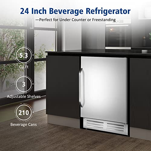 Velivi 24 Inch Beverage Refrigerator, Under Counter Beverage Cooler, Built-in and Freestanding Beverage Fridge 210 Cans, Drink Fridge with Stainless Steel Door for Soda, Beer, Wine
