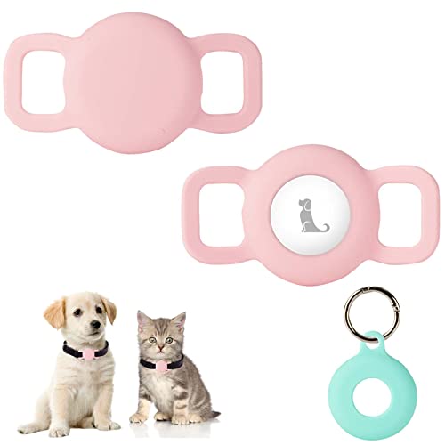 PuppyDoggy 2 Pack Airtag Holder for Collar, Dog Cat Tracker Case, Silicone Airtag Case Waterproof, Scratch-Resistant, Anti-Lost & 1 Pack AirTag Keychain Holder for Bag, Suitcase (Small, Pink)