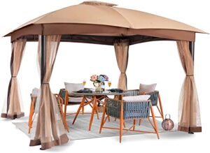 gazebo for patio, fab based 10x12 gazebo, double vent canopy gazebo, outdoor gazebo with privacy netting, easy setup patio pavilion with steel frame strong legs for lawn, backyard, deck (khaki)