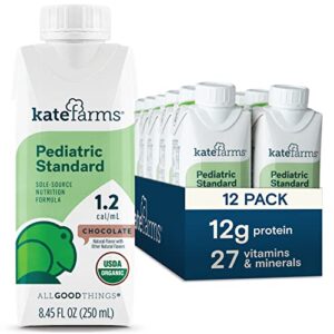kate farms organic pediatric chocolate 1.2 sole-source nutrition shake, 12g of protein, 27 vitamins and minerals, vegan, meal replacement drink for kids, protein shake, gluten free, non-gmo, 8.45 fl oz (pack of 12)