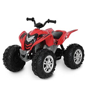 rollplay powersport atv 12v electric 4 wheeler featuring oversized wheels with rubber tire strips for added traction, working headlights, and a top speed of 3 mph, red