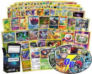 lightning card collection ultimate rare card bundle- 100+ cards (15 holo cards and rare cards and 2 ultra rare cards inculded) and a deckbox that is compatible with pokemon cards