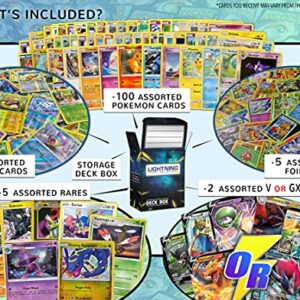 Lightning Card Collection Ultimate Rare Card Bundle- 100+ Cards (15 Holo Cards and Rare Cards and 2 Ultra Rare Cards inculded) and a deckbox That is Compatible with Pokemon Cards