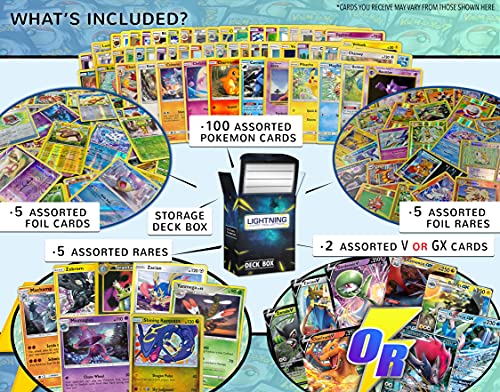 Lightning Card Collection Ultimate Rare Card Bundle- 100+ Cards (15 Holo Cards and Rare Cards and 2 Ultra Rare Cards inculded) and a deckbox That is Compatible with Pokemon Cards