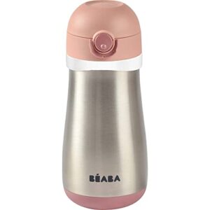 beaba kids stainless steel water bottle, baby to toddler insulated water bottle, close top on the go kids water bottle, toddler thermos water bottle (rose)