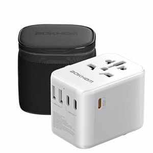 universal travel adapter with usb c pd 30w fast charging, bokhom international travel adapter with 3 usb c and 2 usb-a, dual 10a fuses travel adapter worldwide travel charger for eu uk us au