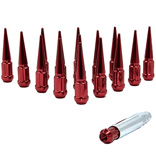 Wheel Accessories Parts Set of 16 ATV/UTV Red Spike Installation Lug Nut Kit | Solid Metal Lug Nuts 10 X 1.25 Thread 3.35" Tall Closed End Bulge Acorn Spiked Lug Nut 1 Long Socket Key (M10x1.25)