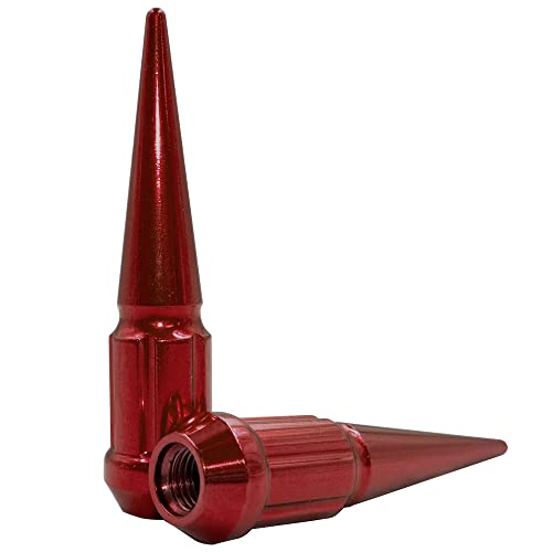 Wheel Accessories Parts Set of 16 ATV/UTV Red Spike Installation Lug Nut Kit | Solid Metal Lug Nuts 10 X 1.25 Thread 3.35" Tall Closed End Bulge Acorn Spiked Lug Nut 1 Long Socket Key (M10x1.25)