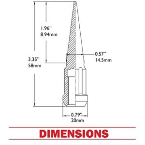 Wheel Accessories Parts Set of 16 ATV/UTV Red Spike Installation Lug Nut Kit | Solid Metal Lug Nuts 10 X 1.25 Thread 3.35" Tall Closed End Bulge Acorn Spiked Lug Nut 1 Long Socket Key (M10x1.25)