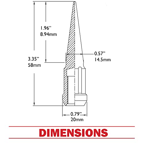 Wheel Accessories Parts Set of 16 ATV/UTV Red Spike Installation Lug Nut Kit | Solid Metal Lug Nuts 10 X 1.25 Thread 3.35" Tall Closed End Bulge Acorn Spiked Lug Nut 1 Long Socket Key (M10x1.25)