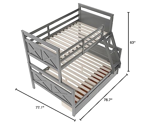 GLORHOME Twin Over Full Bunk Bed with 2 Storage Drawers, Solid Wood Bed Frame with Safety Rail and Ladder, Kids/Teens Bedroom, Guest Room Furniture, Can Be Converted into 2 Beds, Grey