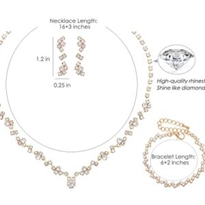 Aixiao Rhinestone Necklace Earrings Bracelet Crystal Bridal Wedding Jewelry Sets for Brides Bridesmaid Prom Costume Accessories for Women (Style 4-Gold Necklace Earrings Bracelet)