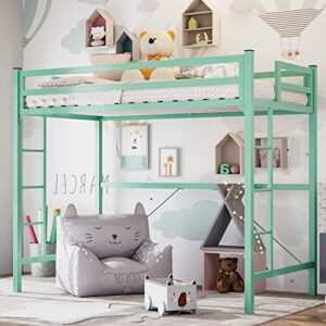 IKIFLY Junior Metal Twin Size Loft Bed Frame with 2 Ladders, Safety Guard Rail, Noise Free, Space-Saving Design - for Adults/Teens - Mint Green