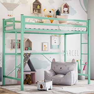ikifly junior metal twin size loft bed frame with 2 ladders, safety guard rail, noise free, space-saving design - for adults/teens - mint green
