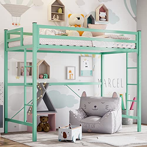 IKIFLY Junior Metal Twin Size Loft Bed Frame with 2 Ladders, Safety Guard Rail, Noise Free, Space-Saving Design - for Adults/Teens - Mint Green