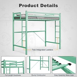 IKIFLY Junior Metal Twin Size Loft Bed Frame with 2 Ladders, Safety Guard Rail, Noise Free, Space-Saving Design - for Adults/Teens - Mint Green