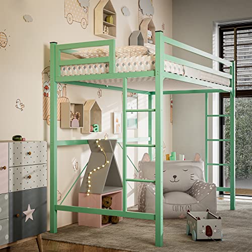 IKIFLY Junior Metal Twin Size Loft Bed Frame with 2 Ladders, Safety Guard Rail, Noise Free, Space-Saving Design - for Adults/Teens - Mint Green