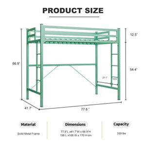 IKIFLY Junior Metal Twin Size Loft Bed Frame with 2 Ladders, Safety Guard Rail, Noise Free, Space-Saving Design - for Adults/Teens - Mint Green