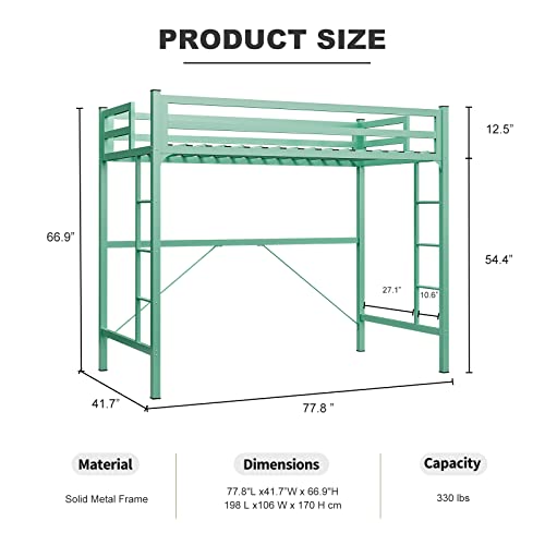 IKIFLY Junior Metal Twin Size Loft Bed Frame with 2 Ladders, Safety Guard Rail, Noise Free, Space-Saving Design - for Adults/Teens - Mint Green