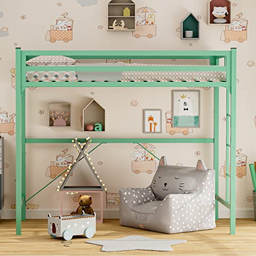 IKIFLY Junior Metal Twin Size Loft Bed Frame with 2 Ladders, Safety Guard Rail, Noise Free, Space-Saving Design - for Adults/Teens - Mint Green