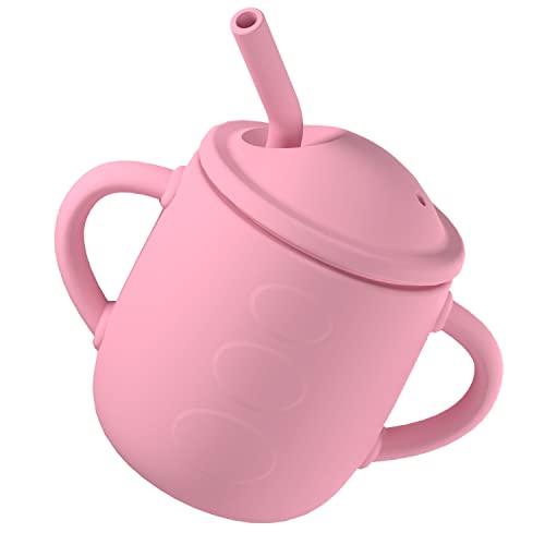 Linshuma Silicone Baby Training Cup, Toddler Straw Sippy Cup, Kids trainer Cup Spill & Non-Slip with 2 Handles BPA Free, Open Cup for 6 months+ Babies Cute 150ML Pink