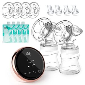 electric breast pump, portable breast pump with 2 modes 9 levels, double electric breast pump with 24mm 27mm massage flanges, strong suction hands free breast pump, come with 4 breastmilk storage bags