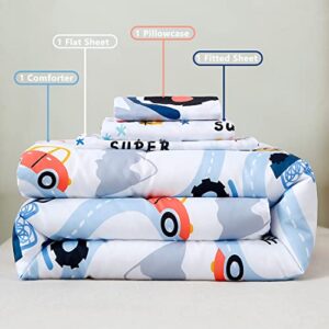 PERFEMET Toddler Bedding Kids 4 Pieces Bed in A Bag for Boys Cars Printed Microfiber Toddler Comforter Sets with Standard Pillow Case Modern Bedroom Collection, White