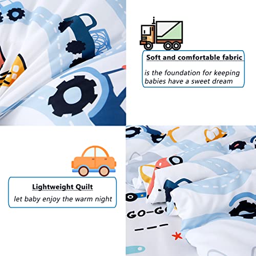 PERFEMET Toddler Bedding Kids 4 Pieces Bed in A Bag for Boys Cars Printed Microfiber Toddler Comforter Sets with Standard Pillow Case Modern Bedroom Collection, White