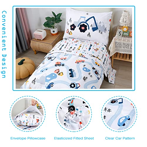 PERFEMET Toddler Bedding Kids 4 Pieces Bed in A Bag for Boys Cars Printed Microfiber Toddler Comforter Sets with Standard Pillow Case Modern Bedroom Collection, White