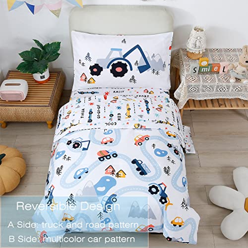 PERFEMET Toddler Bedding Kids 4 Pieces Bed in A Bag for Boys Cars Printed Microfiber Toddler Comforter Sets with Standard Pillow Case Modern Bedroom Collection, White