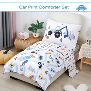 PERFEMET Toddler Bedding Kids 4 Pieces Bed in A Bag for Boys Cars Printed Microfiber Toddler Comforter Sets with Standard Pillow Case Modern Bedroom Collection, White