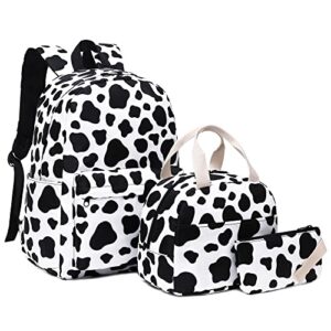 mimfutu cow print school backpack for teen girls, 3-in-1 kids backpack bookbag set school bags with lunch box pencil case