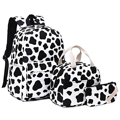 Mimfutu Cow Print School Backpack for Teen Girls, 3-in-1 Kids Backpack Bookbag Set School Bags with Lunch Box Pencil Case