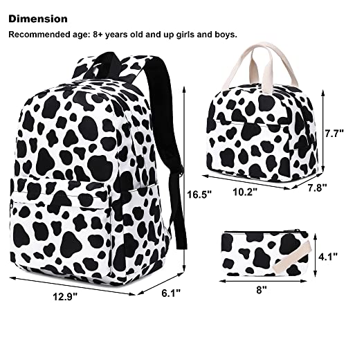 Mimfutu Cow Print School Backpack for Teen Girls, 3-in-1 Kids Backpack Bookbag Set School Bags with Lunch Box Pencil Case