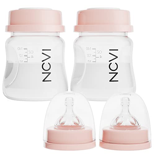 NCVI Breast Milk Storage Bottles, Baby Bottles with Nipples and Travel Caps, Anti-Colic, BPA Free, 4.7oz/140ml, 2 Count