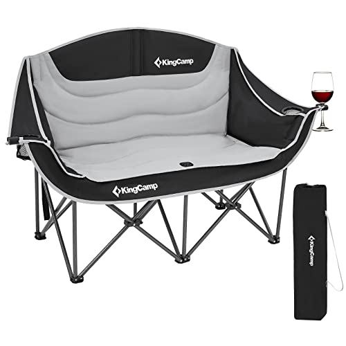 KingCamp Double Camping Chair Loveseat Heavy Duty for Adults Two Person Outdoor Folding Chairs with Cup Holder Wine Glass Holder Support 441lbs for Outside Picnic Beach Travel(Black)