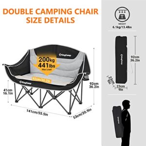 KingCamp Double Camping Chair Loveseat Heavy Duty for Adults Two Person Outdoor Folding Chairs with Cup Holder Wine Glass Holder Support 441lbs for Outside Picnic Beach Travel(Black)