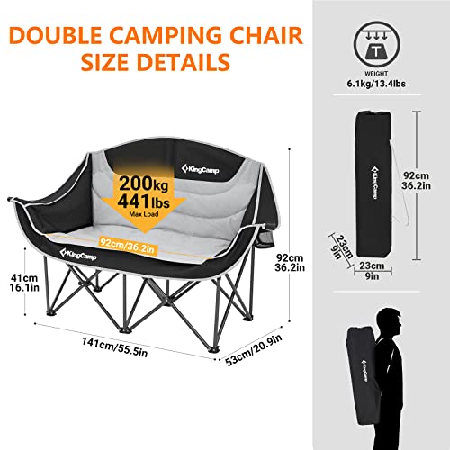 KingCamp Double Camping Chair Loveseat Heavy Duty for Adults Two Person Outdoor Folding Chairs with Cup Holder Wine Glass Holder Support 441lbs for Outside Picnic Beach Travel(Black)