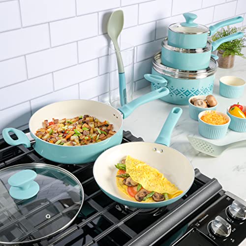 Spice by Tia Mowry Savory Saffron 16-Piece Healthy Nonstick Ceramic Cookware Set - Aqua Blue