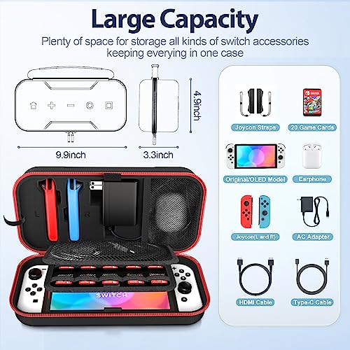 Switch OLED Carrying Case Compatible with Switch & Switch OLED, Portable Switch Travel Carry Case Fit for Joy-Pap and Adapter, Hard Shell Protective Switch Pouch Case with 20 Games, Red