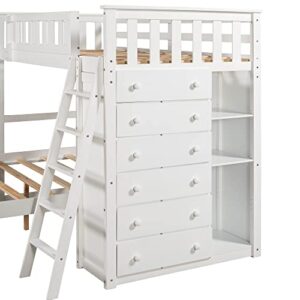 VilroCaz Wooden Twin Over Full Bunk Bed with 6 Drawers and Adjustable Shelves, L-Shape Full Platform Bed with Wheel, Modern Bunk Bed Frame with Ladders and Full Guardrails (White)