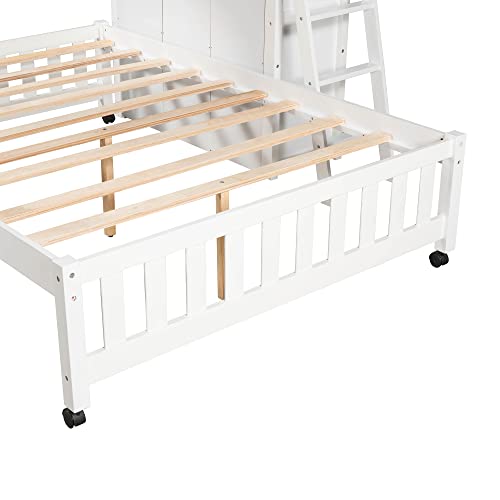 VilroCaz Wooden Twin Over Full Bunk Bed with 6 Drawers and Adjustable Shelves, L-Shape Full Platform Bed with Wheel, Modern Bunk Bed Frame with Ladders and Full Guardrails (White)