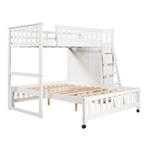 VilroCaz Wooden Twin Over Full Bunk Bed with 6 Drawers and Adjustable Shelves, L-Shape Full Platform Bed with Wheel, Modern Bunk Bed Frame with Ladders and Full Guardrails (White)