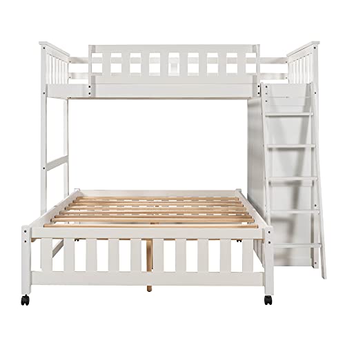 VilroCaz Wooden Twin Over Full Bunk Bed with 6 Drawers and Adjustable Shelves, L-Shape Full Platform Bed with Wheel, Modern Bunk Bed Frame with Ladders and Full Guardrails (White)