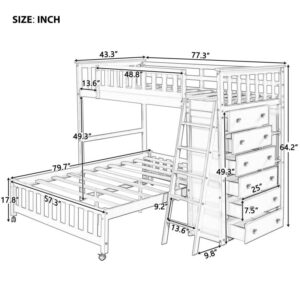 VilroCaz Wooden Twin Over Full Bunk Bed with 6 Drawers and Adjustable Shelves, L-Shape Full Platform Bed with Wheel, Modern Bunk Bed Frame with Ladders and Full Guardrails (White)