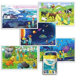 smarty kiddo 50 pack disposable stick-on placemats for baby, 5 designs individually folded - farm, sea world, zoo, antarctica & space - sticky table topper for baby & kids, toddlers