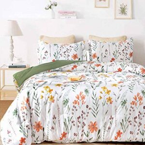 Floral Duvet Cover Full Size - White Yellow Flowers and Green Leaf Spring Botanical Printed Microfiber Comforter Cover Set - 3PC 80X90 Soft and Lightweight Quilt Cover, Farmhouse Style for Women Men