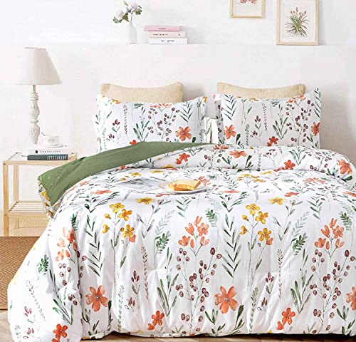 Floral Duvet Cover Full Size - White Yellow Flowers and Green Leaf Spring Botanical Printed Microfiber Comforter Cover Set - 3PC 80X90 Soft and Lightweight Quilt Cover, Farmhouse Style for Women Men