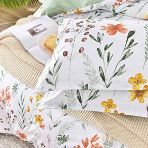 Floral Duvet Cover Full Size - White Yellow Flowers and Green Leaf Spring Botanical Printed Microfiber Comforter Cover Set - 3PC 80X90 Soft and Lightweight Quilt Cover, Farmhouse Style for Women Men